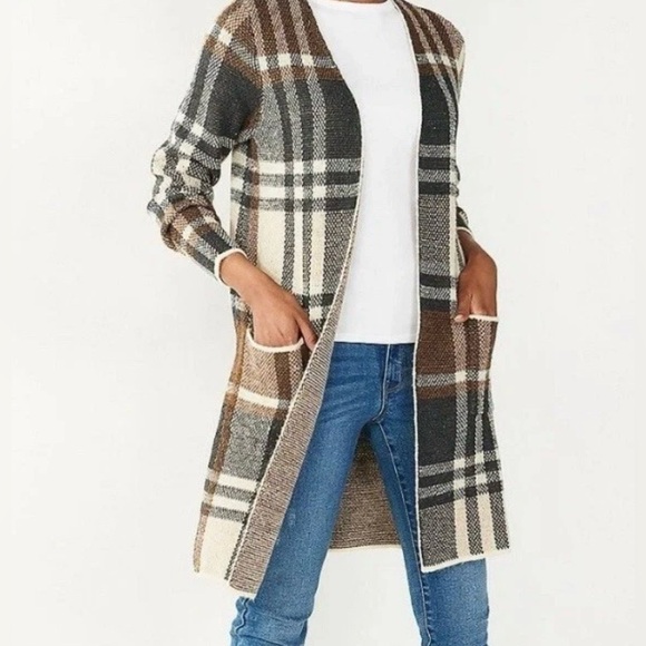 Nine West Women's Brown Black Beige Plaid Open Front Long Cardigan Jacket Sz XXL - Picture 1 of 6